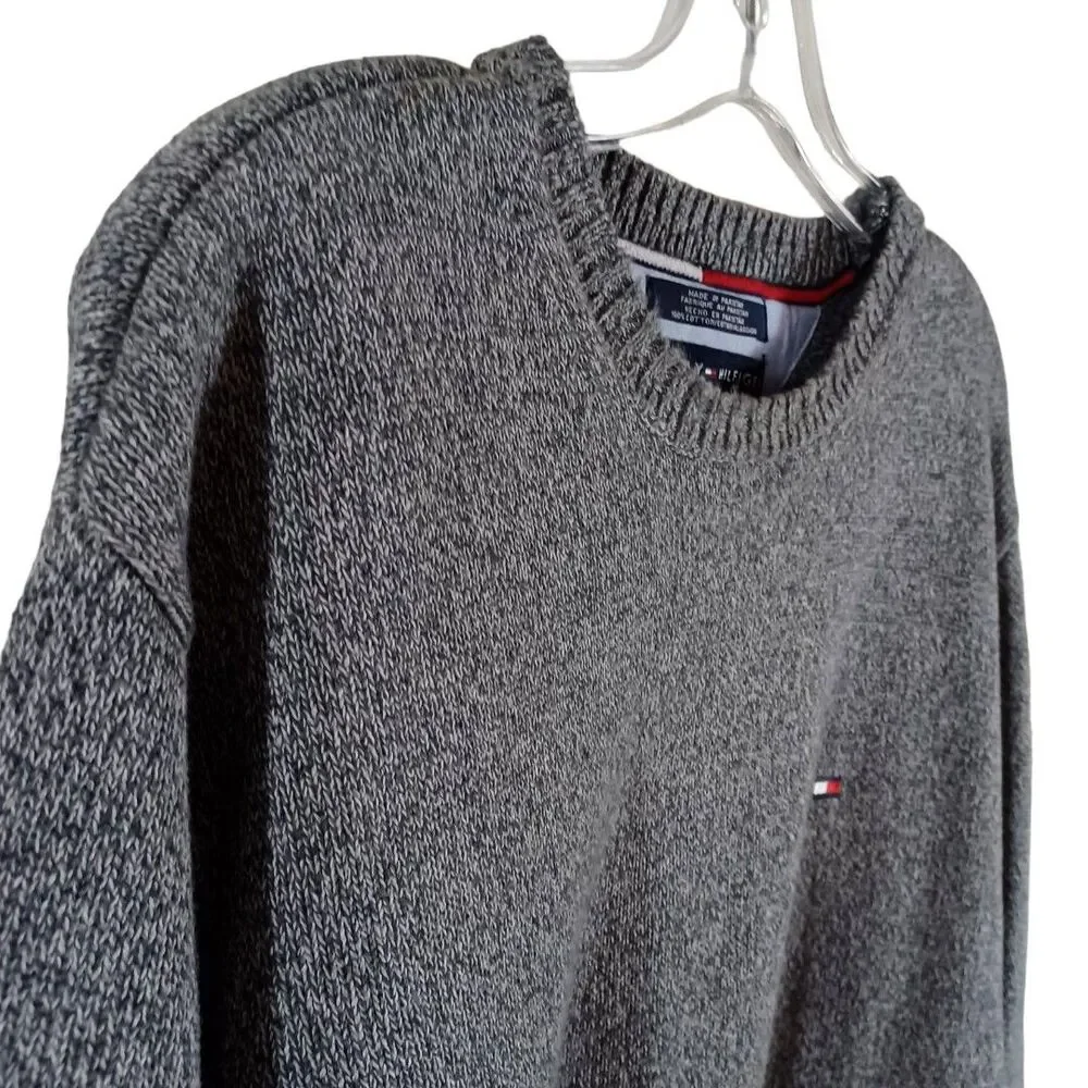 Tommy Hilfiger Sz L Academia Preppy Crew Neck 100% Cotton Grey Embroidered Logo